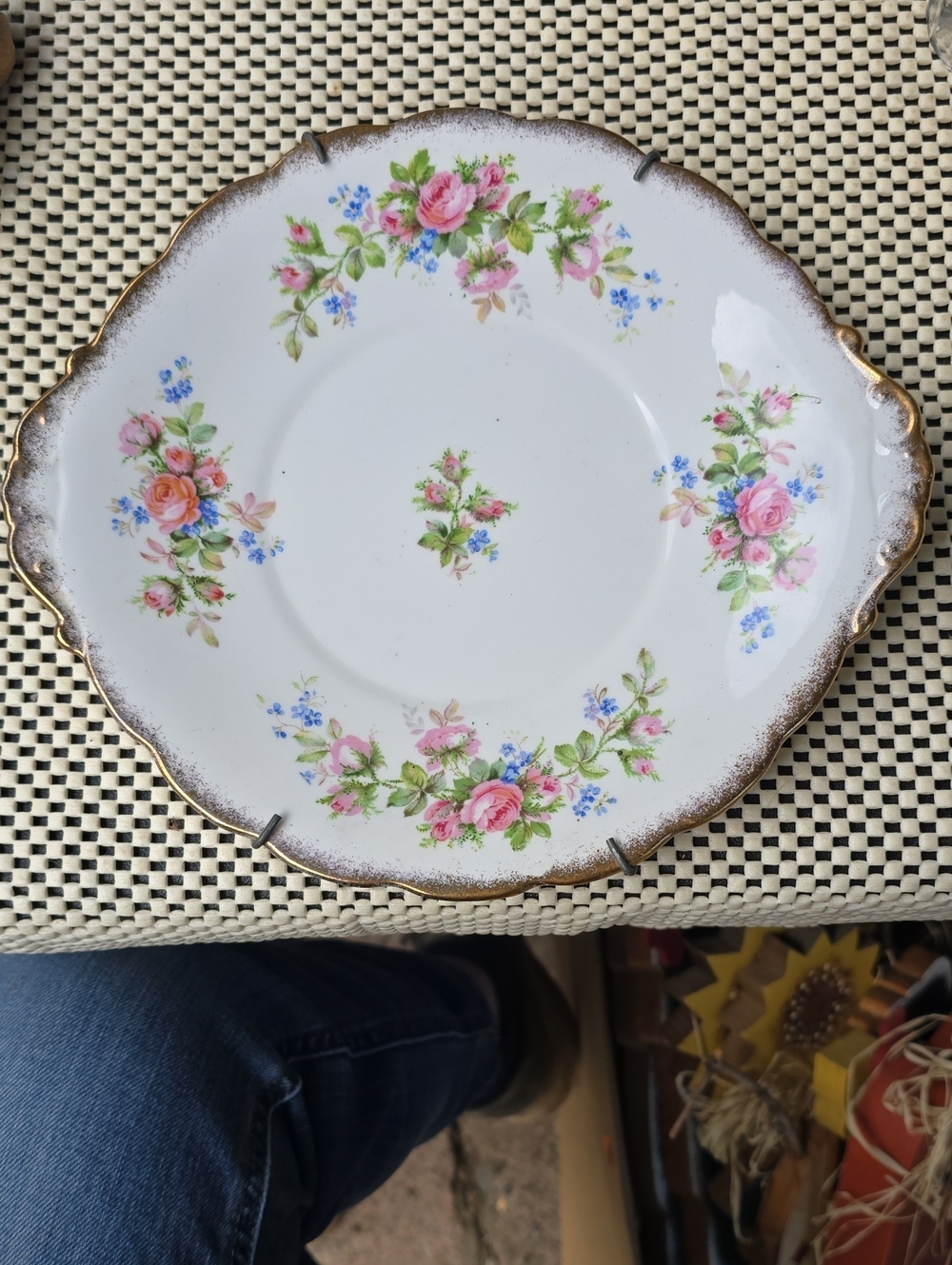 Vintage Roslyn China Floral White Porcelain Dinner Plate with Pink Rose Pattern